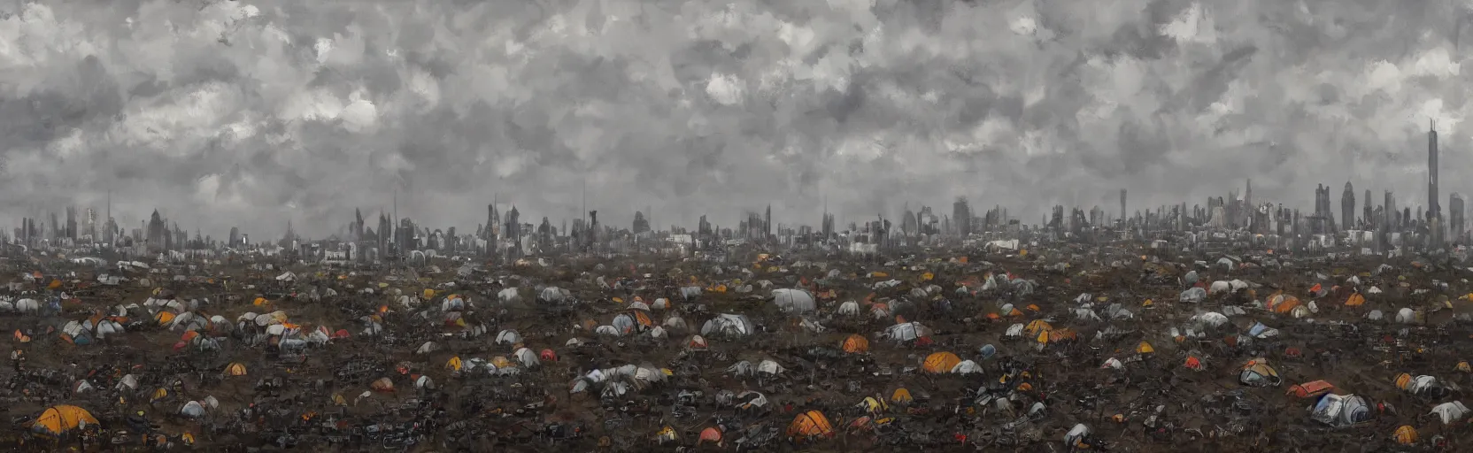 Image similar to cloudy, grey skies, american knights, tent camp in foreground, fortress city of office buildings in background upon hill, post apocalyptic, grungy; oil on canvas, artstation