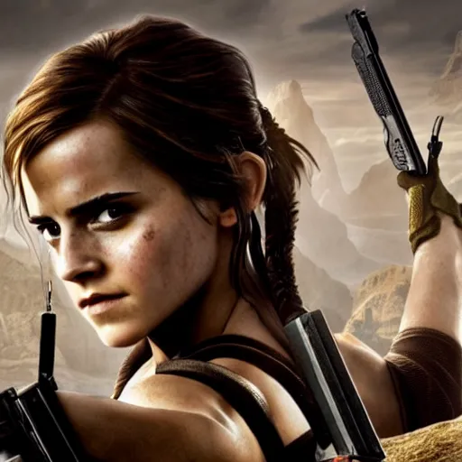 Image similar to Emma Watson as Lara Croft, promo art, highly-detailed, stunning