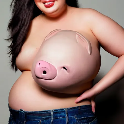 Image similar to A beautiful curvy woman with a pig face. Full body shot, ultra-sharp.