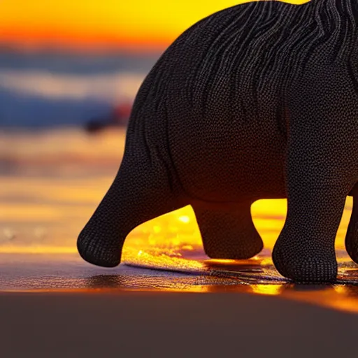 Image similar to a closeup photorealistic photograph of a cute smiling knitted tiger hippopotamus chasing towards a beachball at sunset. surf in background. professional capture. brightly lit scene. this 4 k hd image is trending on artstation, featured on behance, well - rendered, extra crisp, features intricate detail, epic composition and the style of unreal engine.