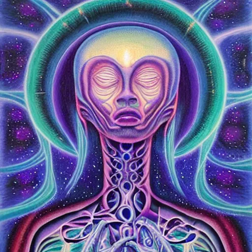 Image similar to painting of a tranquil alien made of galaxy and space meditating in dense forest by alex grey, acrylic art, ethereal, soothing, somber, elegant, warm light, cozy