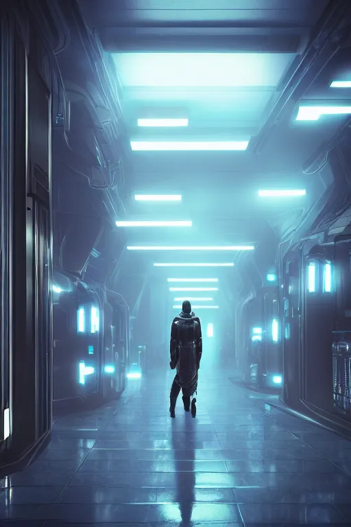 Image similar to in a dark corridor, a human in a still suite from dune in front of a snack machine and taps the keypad, his profile and face lit up by the blue neon light of the machine in front of him, blade runner style, gloomy mood, hyper-realistic environment,Epic concept art. Octane render and Unreal Engine