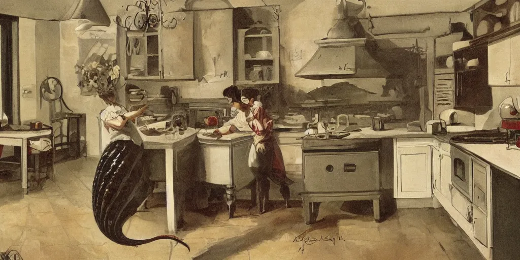 Prompt: painting of a giant worm in the kitchen, vintage, dark