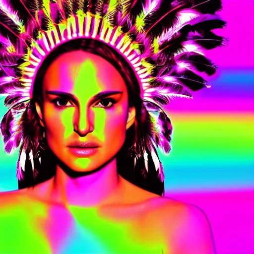 Prompt: natalie portman wearing native american headdress in a neon synthwave style, 4 k, 8 k, backlit, beautiful, magical, trending digital art portrait