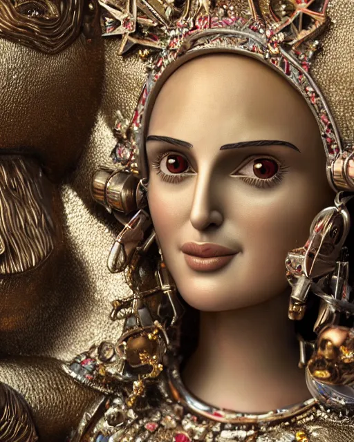 Image similar to highly detailed closeup, face profile portrait of a tin toy natalie portman as the staue of liberty, bikini, depth of field, nicoletta ceccoli, mark ryden, lostfish, max fleischer, breathtaking, detailed and intricate environment, 8 k resolution, hyperrealistic, octane render