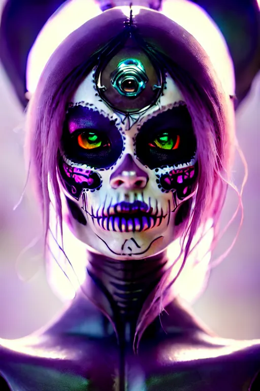 Image similar to ultra detailed, ethereal closeup photo of female android, gothic, flowerpunk, fantasy, octane render, unreal engine, dia de los muertos, photorealistic concept art, triadic color, art by artgerm and wlop and giger and greg rutkowski and alphonse mucha, 8 k