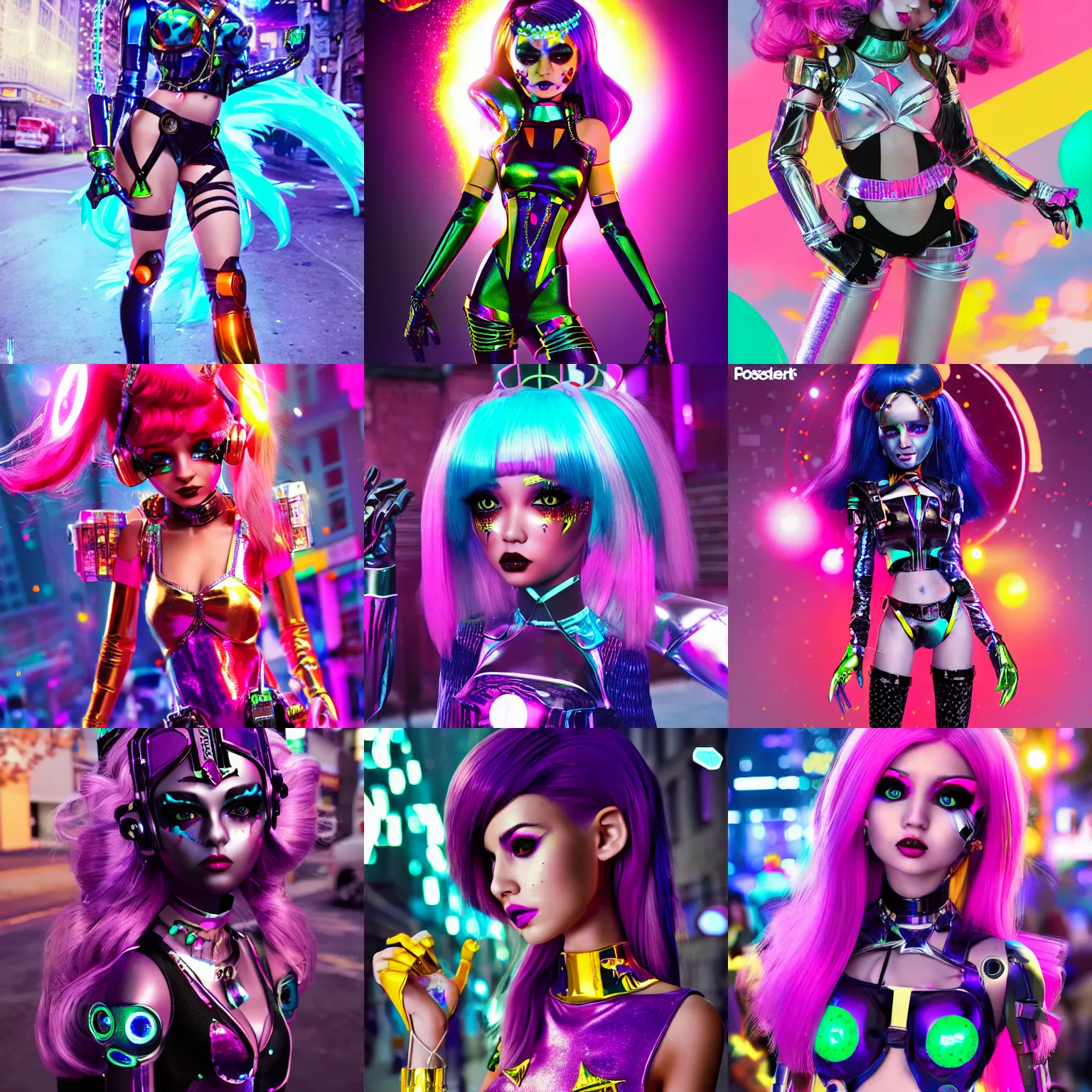 Prompt: magazine cover :: of a cute gorgeous Ukrainian college girl scene raver cyborg wearing a shiny outfit on a crowded packed nyc sidewalk, monster high makeup, pouting, pouty look :: octane render, volumetric lighting, trending on artstation, anime, ue5, photoreal, rossdraws, blender render ::