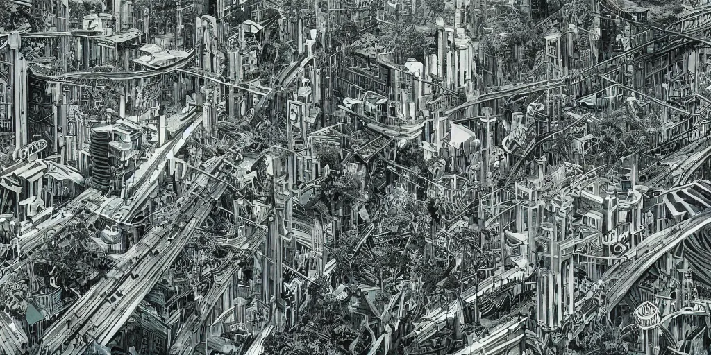 Image similar to cinematic high contrast graphic illustration of hyper detailed highway realistic afro futurist city blocks in a jungle by frank lloyd wright architect, helicopters, wide angle, insanely detailed and intricate