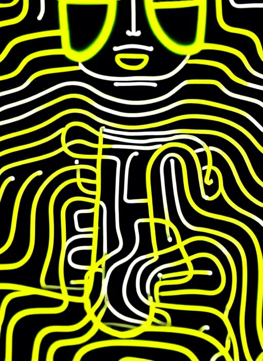 Image similar to highly detailed closeup portrait of wasteland wavy glowing yellow and white plasma hair cute happy tribal lady, stray electric spark wiring by jean jullien, 4 k resolution, gradient yellow, black and white color scheme!!! ( ( dystopian city background ) )