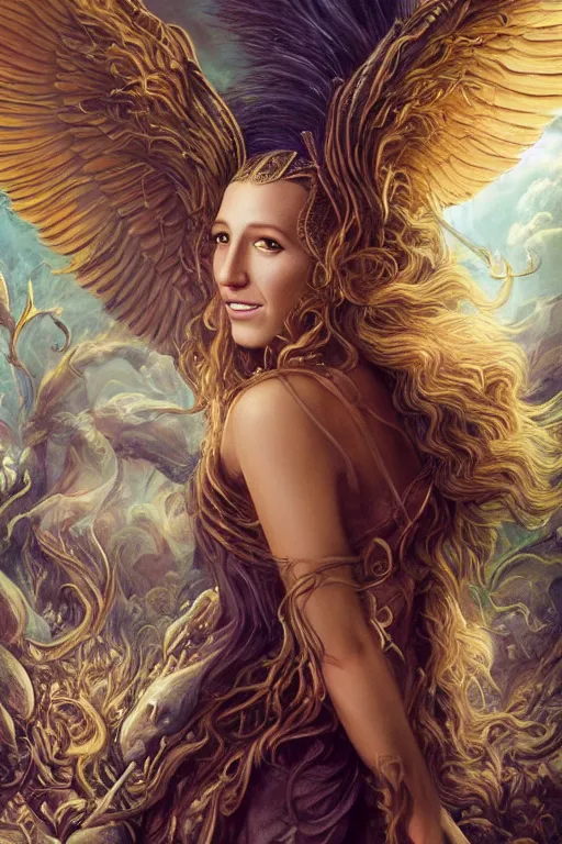 Prompt: A fantasy book style portrait painting of a hybrid, Blake Lively, Anya_Taylor-Joy, Cory Chase, as a Mystical Valkyrie, Anubis-Reptilian, Atlantean Warrior, intense soul penetrating aqua eyes, François Boucher, Michael Cheval, Oil Painting, Crisp clear resolution, unreal 5, DAZ, hyperrealistic, octane render, Regal, Refined, Detailed Digital Art, RPG portrait, William-Adolphe Bouguereau, Walt Disney (1937), Steampunk, hyperdetailed, artstation, cgsociety, Volumetric Golden dappled dynamic lighting, Highly Detailed, Cinematic Lighting, Unreal Engine, 8k, HD