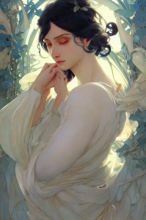 Image similar to perfect blue, dreamy and ethereal,, fantasy, intricate, elegant, highly detailed, digital painting, artstation, concept art, smooth, sharp focus, illustration, art by artgerm and greg rutkowski and alphonse mucha