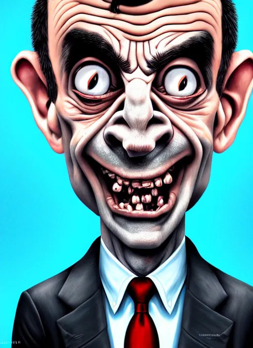 Prompt: highly detailed caricature portrait of damaged zombie mr bean by ross tran, by anato finnstark, brush strokes, 4 k resolution, light blue pastel background
