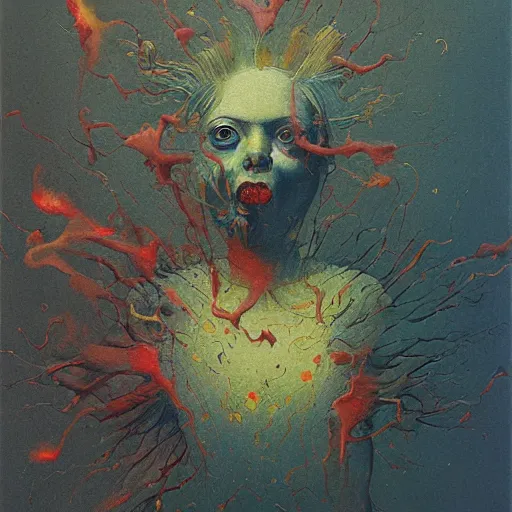 Image similar to a sphere being devoured by abstract splatters of paint in the style of francis bacon, venus being engulfed in flames in the style of james jean, surreal, beksinski, high detailed