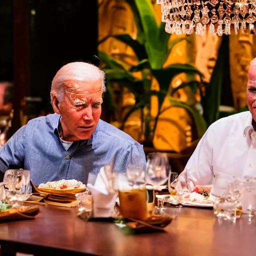 Image similar to Trump and Biden having dinner at a fancy Balinese restaurant, award winning photography, 85mm, perfect faces