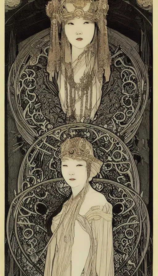 Prompt: yoon young bae as the high priestess, by mucha, black and white oil painting