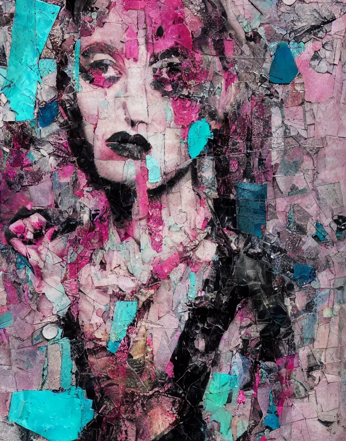 Prompt: woman from fight club detailed mixed media collage with canvas texture in style of contemporary art, punk art, photorealism, sensual bodies, expressionism, masterpiece, perfect composition, spectacular quality, intricate oil details, broken glass photo, torn paper intricate texture, large cracks, liquid glue spots, dark pink and cyan chaotic background
