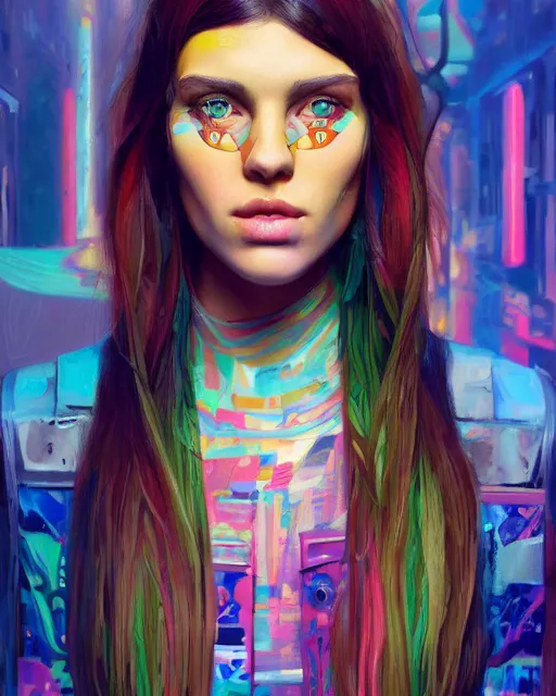 Image similar to colorful portrait of a brunette hippie, but set in the future 2 1 5 0 | highly detailed | very intricate | symmetrical | professional model | cinematic lighting | award - winning | painted by mandy jurgens | pan futurism, dystopian, bold psychedelic colors, cyberpunk, anime aesthestic | featured on artstation