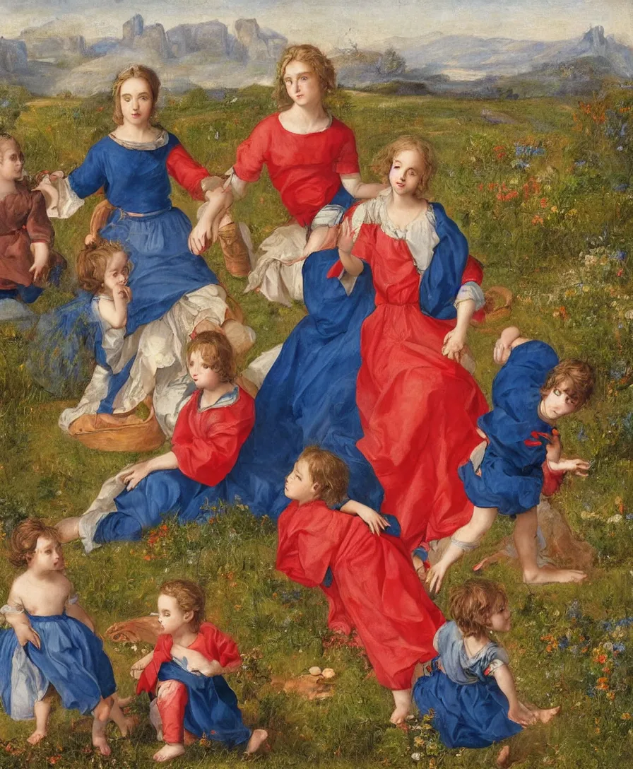 Prompt: Detailed Portrait of beautiful Madonna with blue skirt and a red shirt and two boys playing in the style of Raffael. The boys are very small and only cloth is blue linen. They are sitting in a dried out meadow. In the background, there is a lake with a town and mountains. Flat perspective.