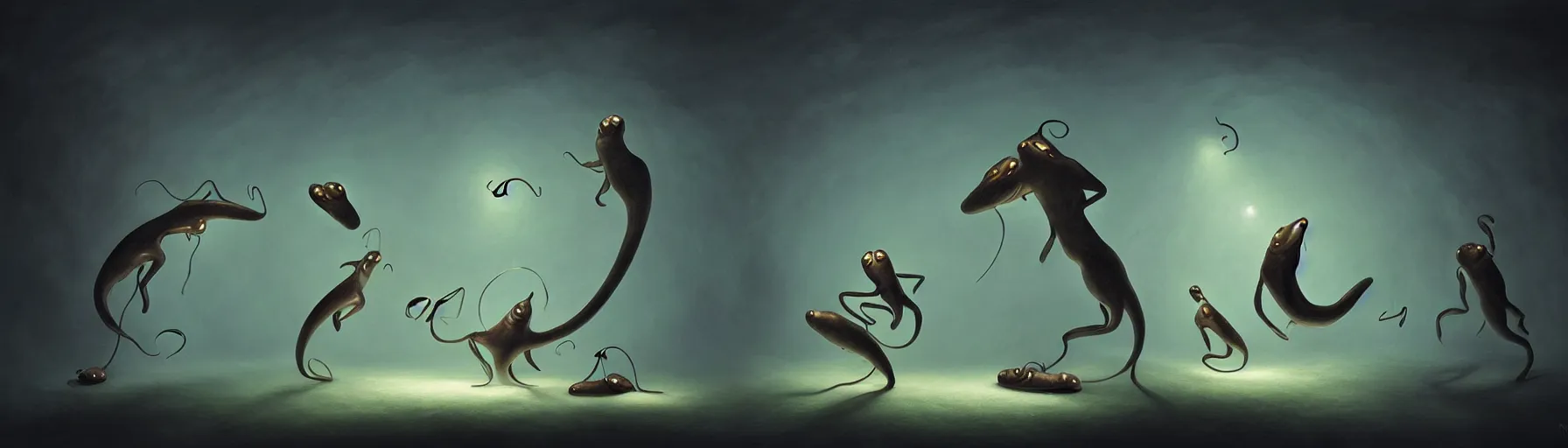 Image similar to whimsical tadpole creatures shaped like yinyangs from the depths of the collective unconscious, dramatic lighting, surreal darkly painting by ronny khalil