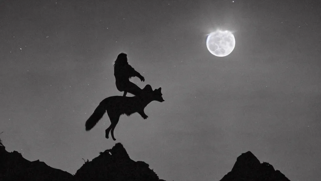 Image similar to epic cinematography of a close up of David Bowie riding a ((wolf)) at night, while on top of a large cliff with the full moon in the background