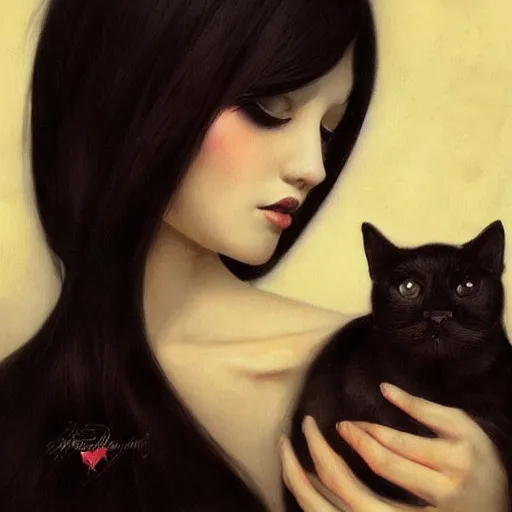 Image similar to a painting of a woman holding a cat, a photorealistic painting by tran nguyen and ilya kuvshinov, featured on deviantart, gothic art, goth, gothic, detailed painting