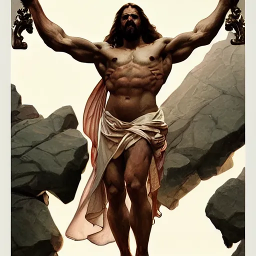 Image similar to hulking herculean ogre jesus christ crucified on the cross, masterpiece, intricate, elegant, highly detailed, digital painting, artstation, concept art, smooth, sharp focus, illustration, art by artgerm and greg rutkowski and alphonse mucha and uang guangjian and gil elvgren and sachin teng, symmetry!!