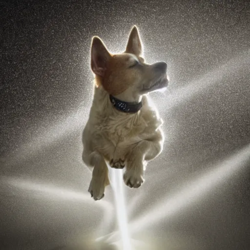 Image similar to the spirit of a dog levitating from his body, mystical light lighting him up, magical dust