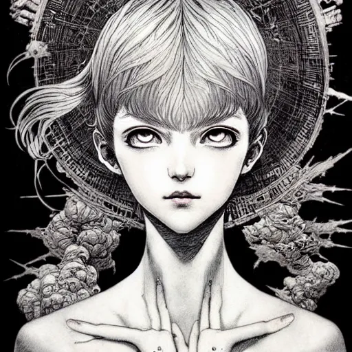 Image similar to prompt: Fragile looking vessel portrait soft light drawn by Vania Zouravliov, inspired by Akira 1988 anime, magical and alchemical weapons, soft light, white background, intricate detail, intricate ink painting detail, sharp high detail, manga and anime 2000