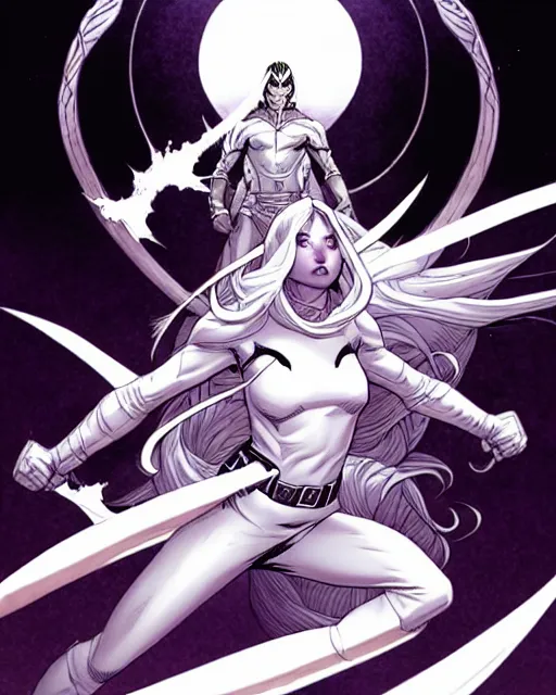 Prompt: fantasy comic cover art of female antihero wearing all white fighting off a gang of grim reapers, detailed faces, illustration by jenny frison and sana takeda and kenichi sonoda, intricate details, stunning inking lines, stunning gradient colors, 4 k, hd, artstation, award winning