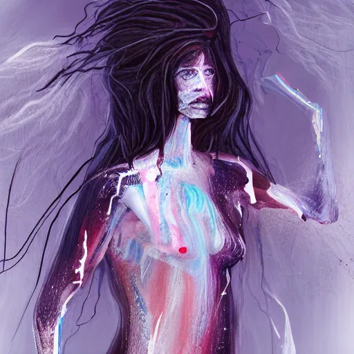 Prompt: glitch art humanoid with smooth hair floating in a white liminal space, long shot photography, full body, detailed hyperrealistic concept art illustration, smeared acrylic paint