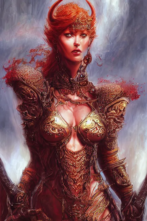 Image similar to portrait of a stunningly beautiful armoured red headed ifrit genie - kin paladin, female, close up, fantasy, intricate, elegant, highly detailed, digital painting, artstation, concept art, sharp focus, illustration, art by luis royo, wayne barlowe, kirsi salonen, asya yoranova and alan lee