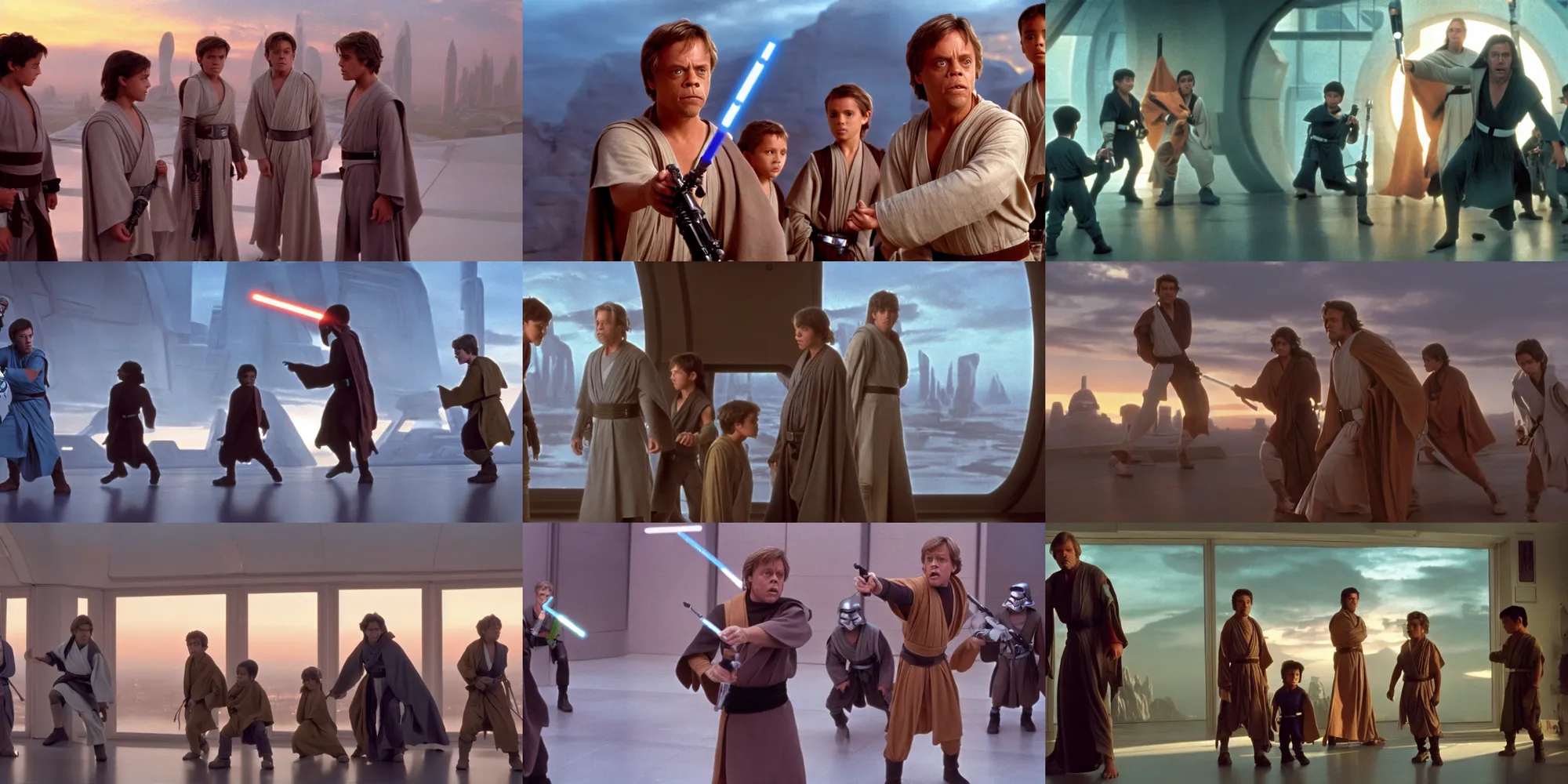 Prompt: A full color still of Mark Hamill as Jedi Master Luke Skywalker, clean shaven, training a couple young diverse Jedi padawans, with large windows showing a sci-fi city outside, at dusk at golden hour, from The Phantom Menace, directed by Steven Spielberg, 1997