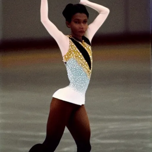 Image similar to a medium full shot, german and eastern european mixture polaroid photograph depicting a black woman with dark brown skin, long, swirling black hair, and jade colored eyes, she is ice skating. she is wearing wearing a ice skating ensemble in 1 9 8 2.