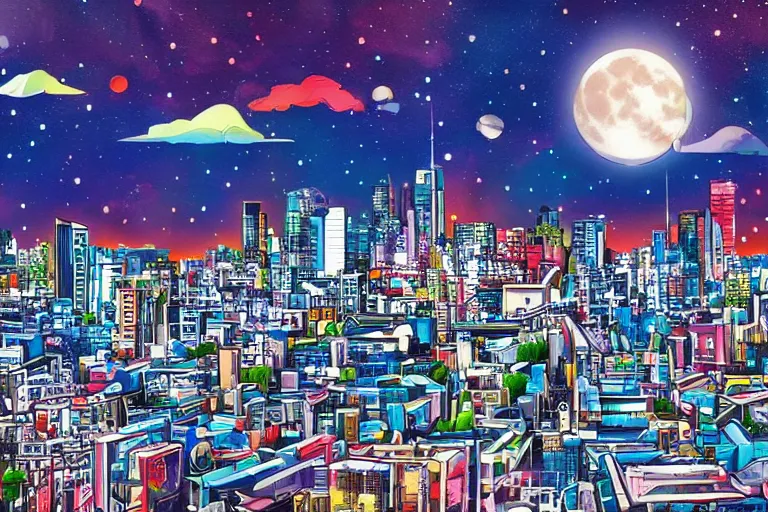 Prompt: wild cityscape, made in tokyo artstyle, colorful, there is a moon in the sky, it is daytime