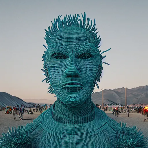 Image similar to highly detailed 3d render of burning man festival sculpture of man made of cornflowers by Beeple