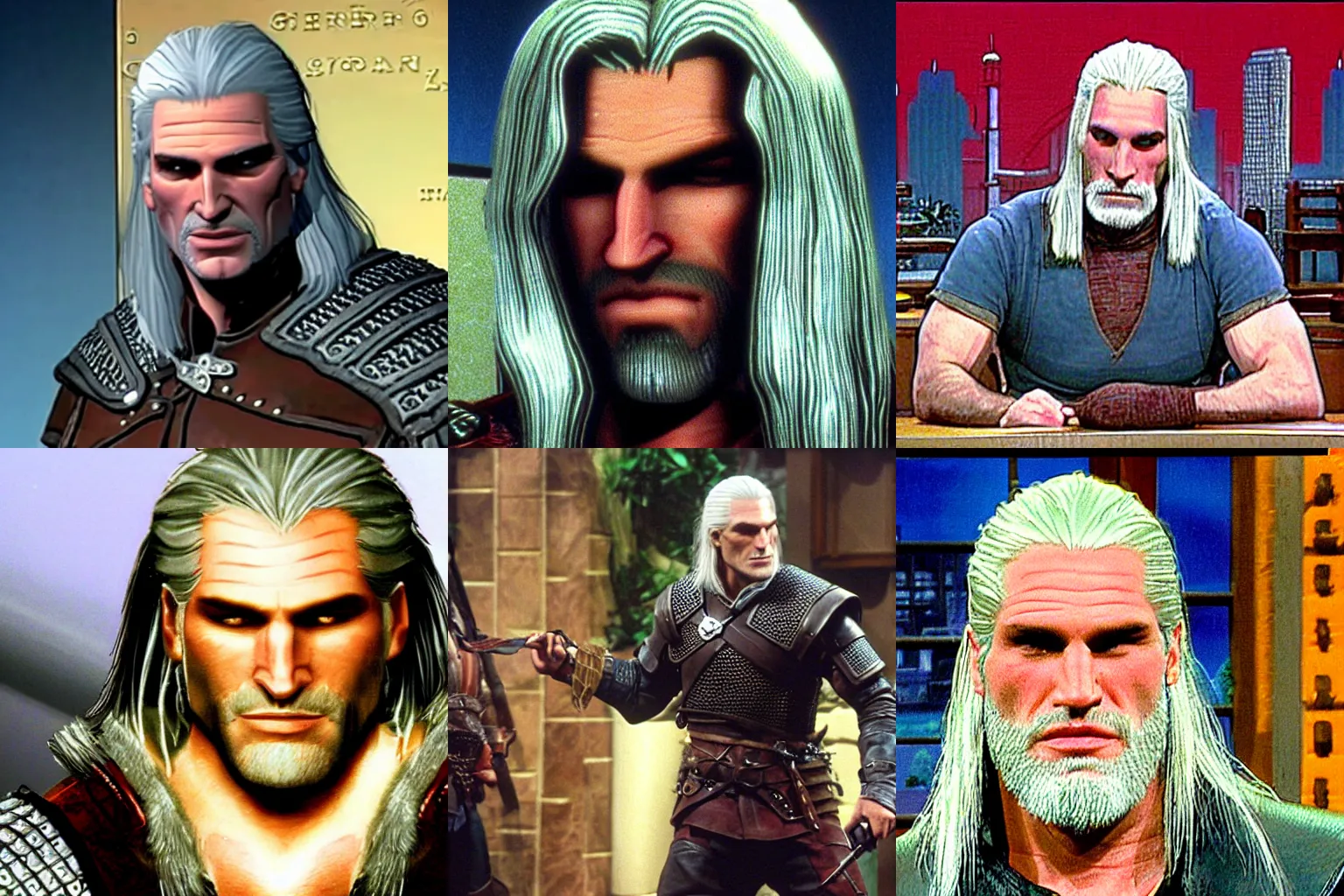 Prompt: Screencap of Geralt of Rivia's appearance on the Late Night with Conan O'Brien show in 1995, highly detailed, clear faces