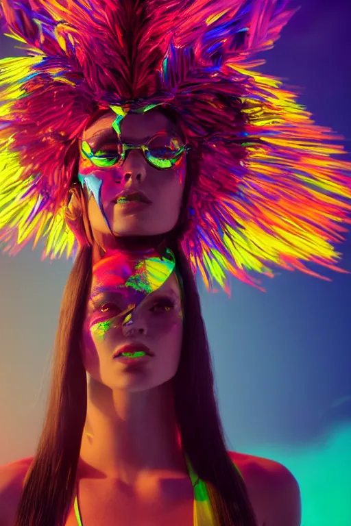 Image similar to a psychedelic close-up shot from below of a beautiful athletic woman with a parrot head, clear dark background, object spotlight, octane render, HD, 8k, hyper realism, beautiful color pallet, epic, synthwave art style