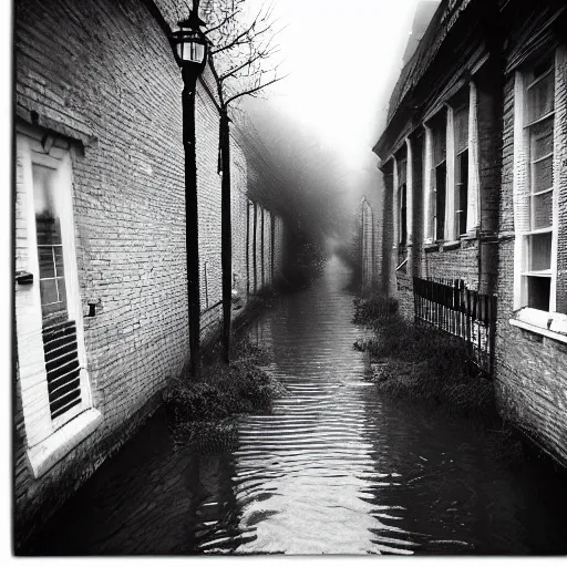 Image similar to flooded overgrown victorian london alley, highly detailed, eldritch, ominous, dawn, chilly dark mood, modern very sharp photo