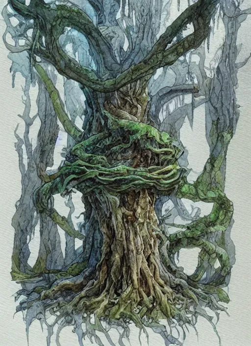 Prompt: pipe organ shaped like a tree, detailed fantasy watercolor comic style, subtle colors, by alan lee and john howe