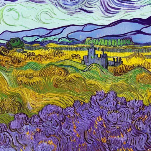 Image similar to a lovely scottish castle in a wide field, surrounded by flowers warm lighting in the style of Vincent Van gogh