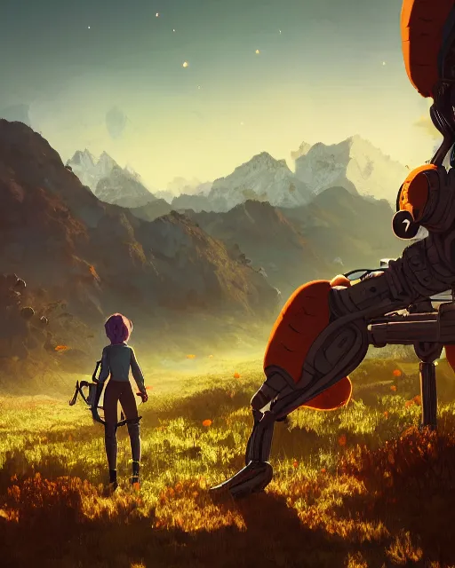 Image similar to friendly carrot cyborg, scifi farm, morning light, cinematic, mountains, atmosphere, interesting, high quality, perfect, 8 k high detail, masterpiece, trending on artstation, by akihiko yoshida