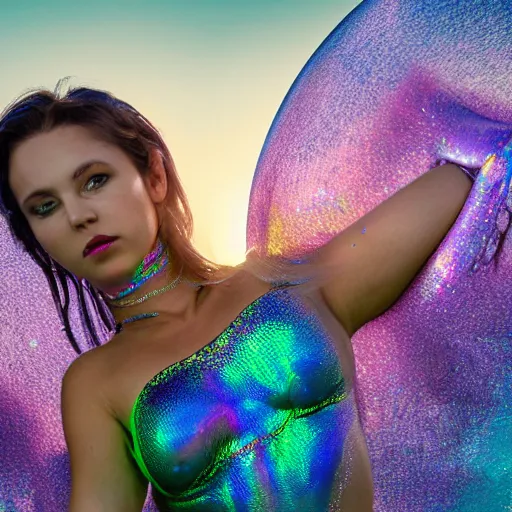 Image similar to portrait photo, a woman covered in intricate silver body paint and a purple florescent bikini inside an iridescent bubble floating above beautiful colorful sunset clouds