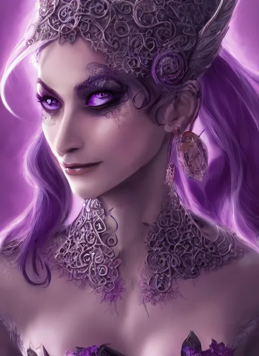 Image similar to purple skin, Tiefling , smiling, beautiful detailed eyes, cute, fantasy, intricate, elegant, highly detailed, digital painting, 4k, HDR, concept art, detailed jewelry, smooth, sharp focus, illustration, by Wayne Reynolds