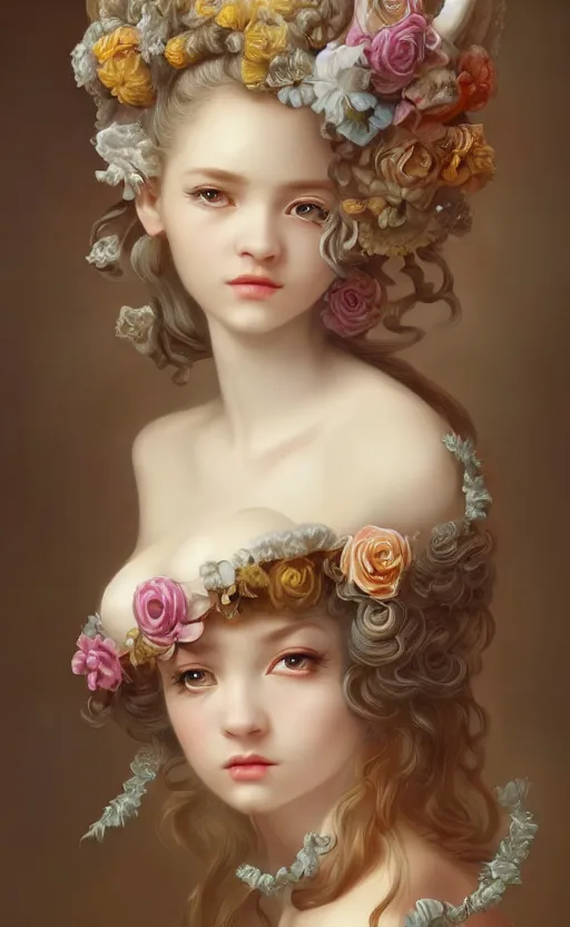 Image similar to pop surrealism, rococo, baroque hair, angelic young female seductive - fine - face, pretty face, key visual, realistic shaded perfect face, fine details by stanley artgerm lau, wlop, mark ryden, andrei riabovitchev, marc simonetti, and sakimichan, trending on artstation