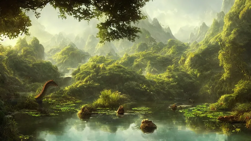 Prompt: a ultradetailed beautiful matte painting of a peaceful pond with a clear water where a majestuous dragon with intricate green scale is peacefully sleeping, dynamic lighting, cinematic lighting, lit by morning light, by krenz cushart and artgerm, unreal engine, featured on artstation