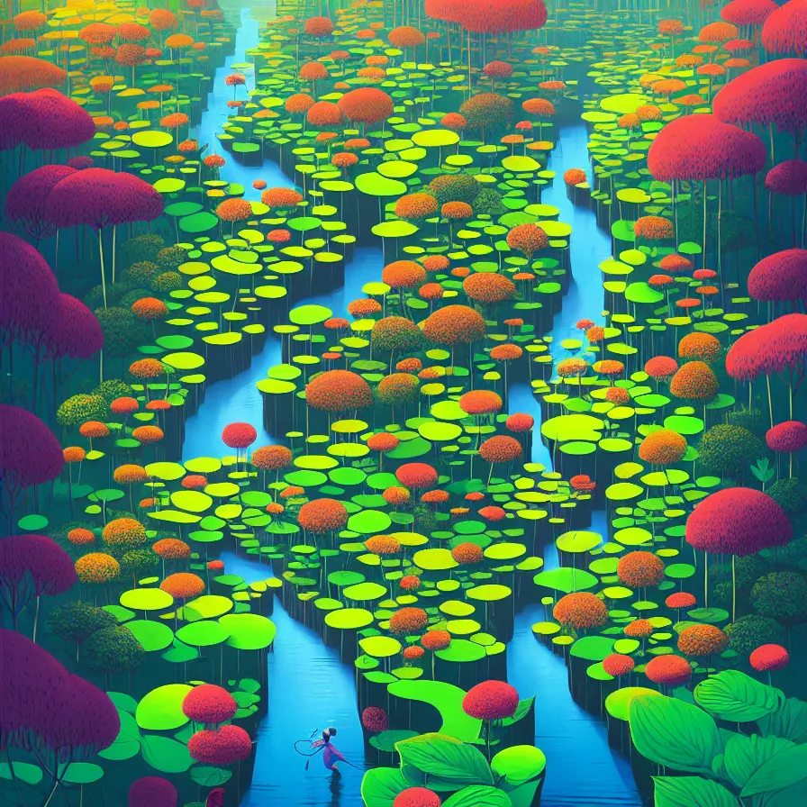 Image similar to ( ( ( gediminas pranckevicius ) ) ) flower garden, river flow through borneo jungle, summer morning, very coherent and colorful high contrast art by james gilleard floralpunk screen printing woodblock, dark shadows, pastel color, hard lighting