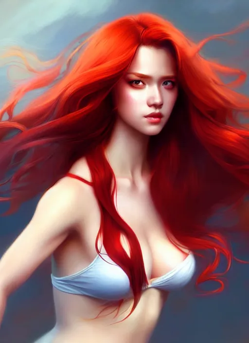 Image similar to a gorgeous female with long red hair in the style of stefan kostic, realistic, full body shot, wide angle, sharp focus, 8 k high definition, insanely detailed, intricate, elegant, art by stanley lau and artgerm, floating embers