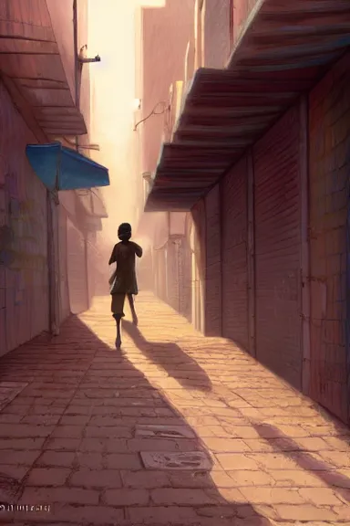 Image similar to alley in a big african city, a lonely kid, summer, david febland, artstation, matte painting