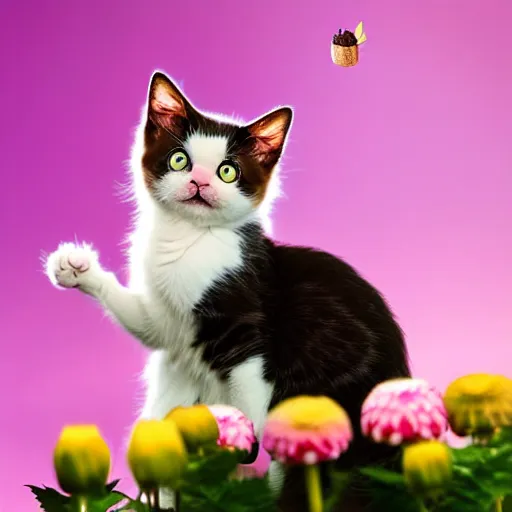 Prompt: very cute and tiny cat with horn sitting on a Dahlia flower flying on a pink cloud, sky background, pixar style, cinematic lightning, award winning creature photography