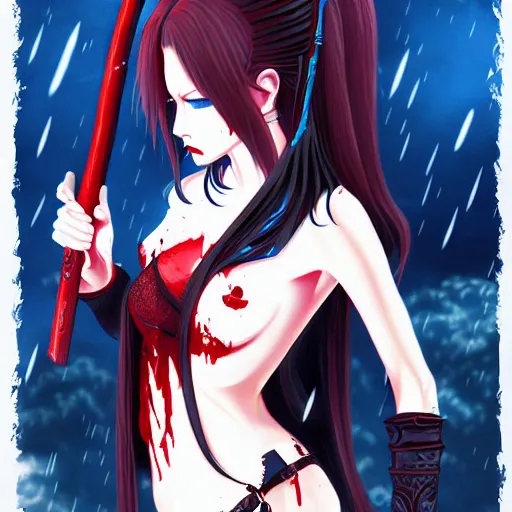 Prompt: seductive female vampire holding a bloodied katana, in the rain, highly detailed, painting, dark red and azure blue and black color palette, intricate, high quality anime artstyle, in the style of sana takeda